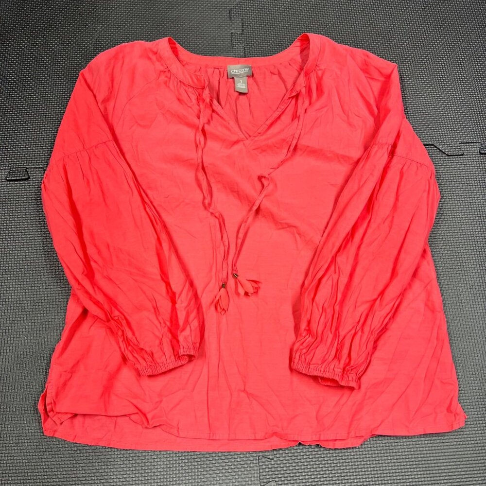 Chicos Womens Red Long-Sleeve Crinkle Blouse Size 1 Made In Indonesia